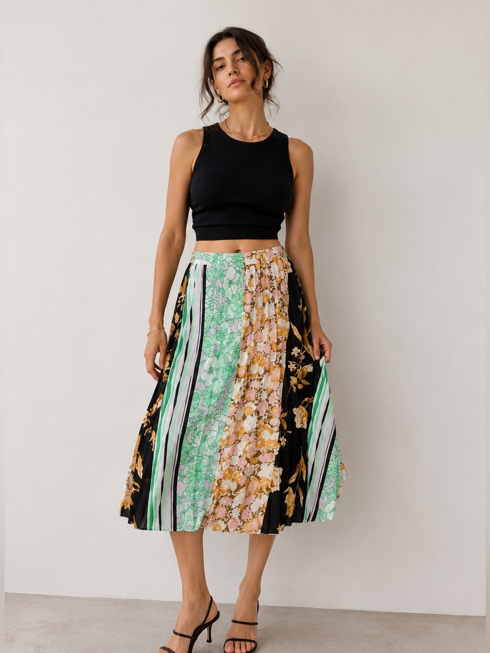 En Creme Patchwork Floral Midi Skirt in Black, Green, Pink and Tan